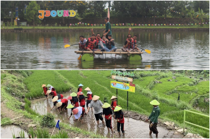 Sejumlah wisatawan sedang berafa di wahana pertanian Jbound Geo Edu Park Bogor.