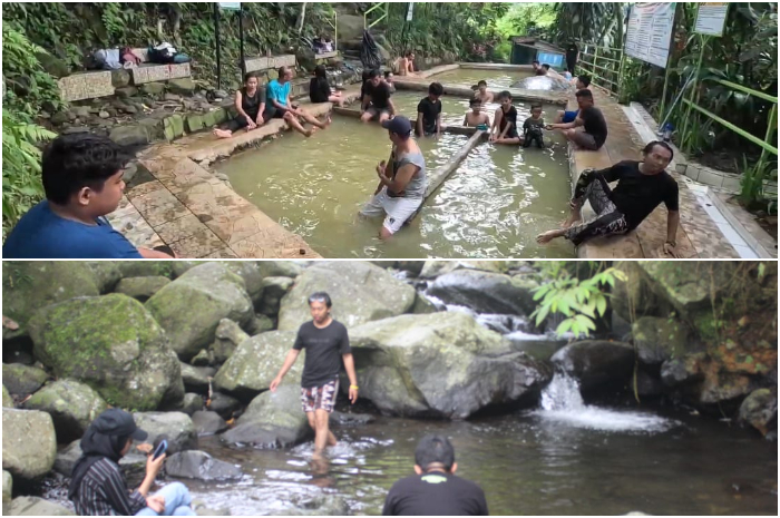 Sejumlah wisatawan menikmati kolam air panas di kaki Gunung Salak, Kabupaten Bogor.