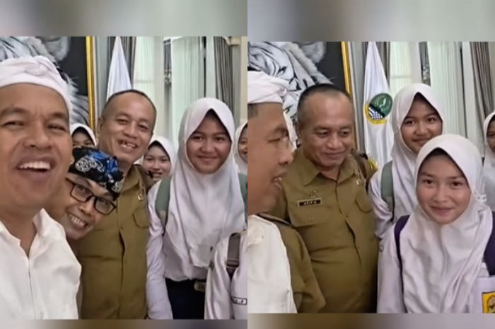 Gubernur Jawa Barat Dedi Mulyadi bertemu dengan para pelajar SMP yang video jalan kakinya viral.