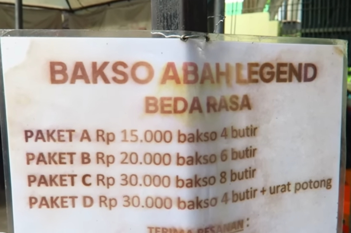Harga menu di Bakso Abah Legend