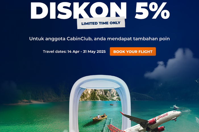 BookCabin memberikan diskon 5 persen untuk&nbsp;rute domestik dan internasional.