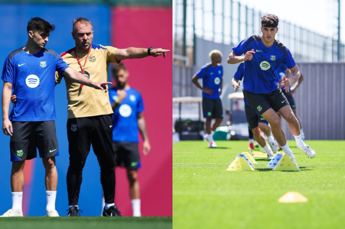 Para pemain Barcelona ketika latihan.