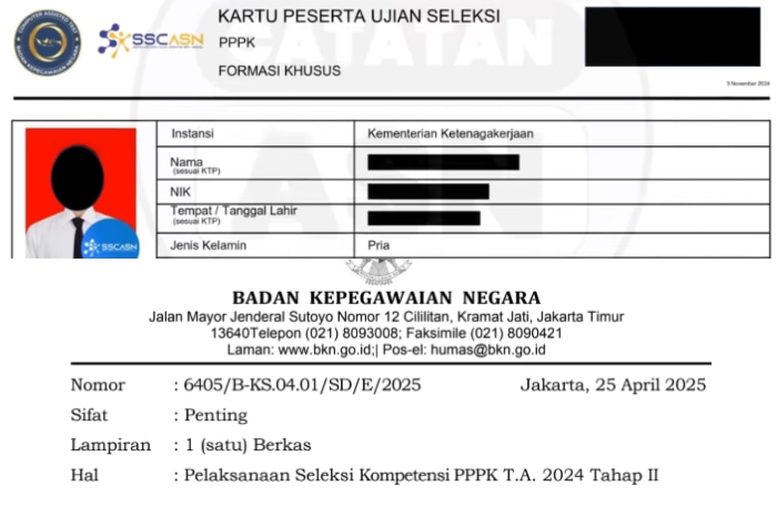 Kartu ujian peserta seleksi kompetensi PPPK tahap 2 (atas) Surat edaran BKN (bawah)