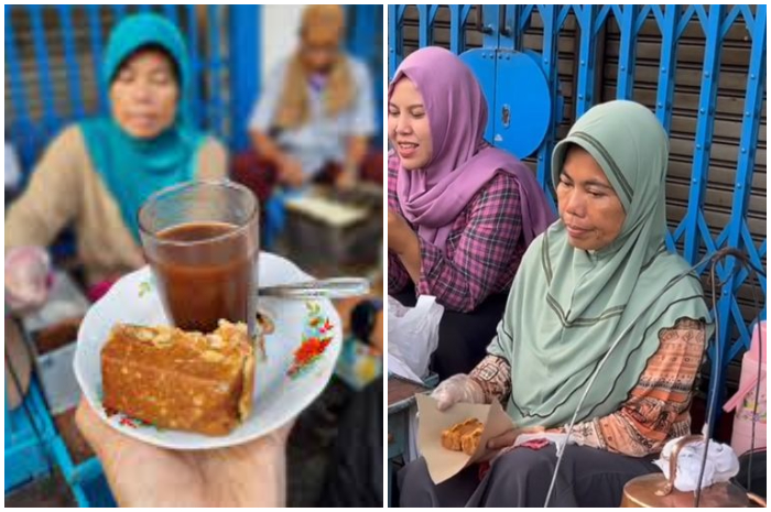 Pembeli tengah menikmati kue balok  di depan Toko Terang, Jalan Mantarena No. 3, Kelurahan Panaragan, Kecamatan Bogor Tengah, Kota Bogor,