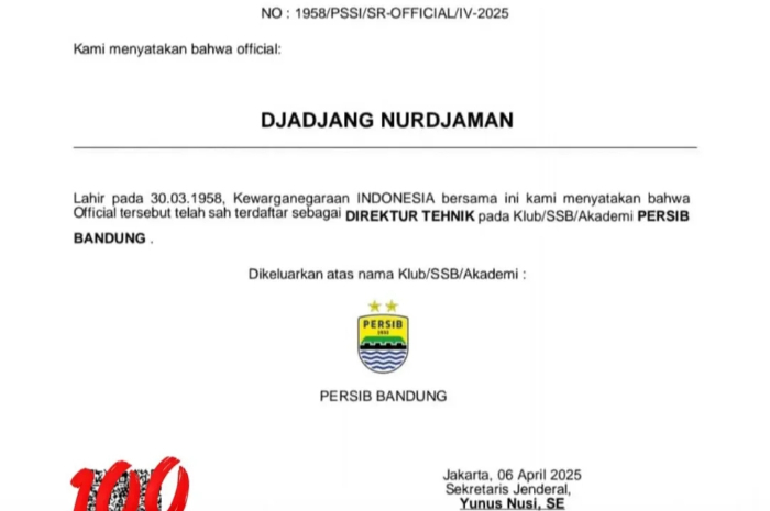 Surat Pernyataan Mengenai Djajang Nurjaman resmi menjadi Direktur Teknik Persib Bandung.