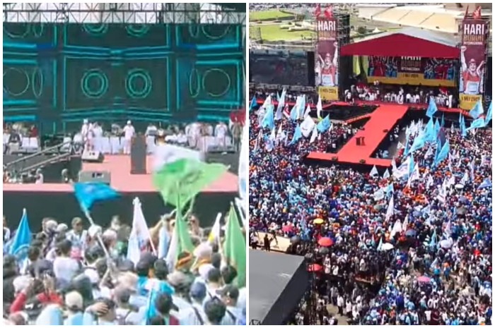Suasana aksi refleksi besar-besaran di kawasan Gedung DPR RI, Senayan, Jakarta dalam rangka Hari Buruh Internasional.