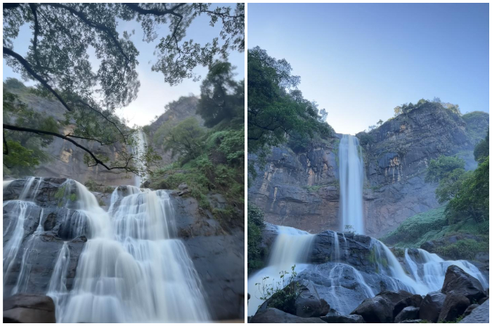 Tampak keindahan air terjun di Curug Cikanteh Desa Ciwaru, Kecamatan Ciemas, Sukabumi.