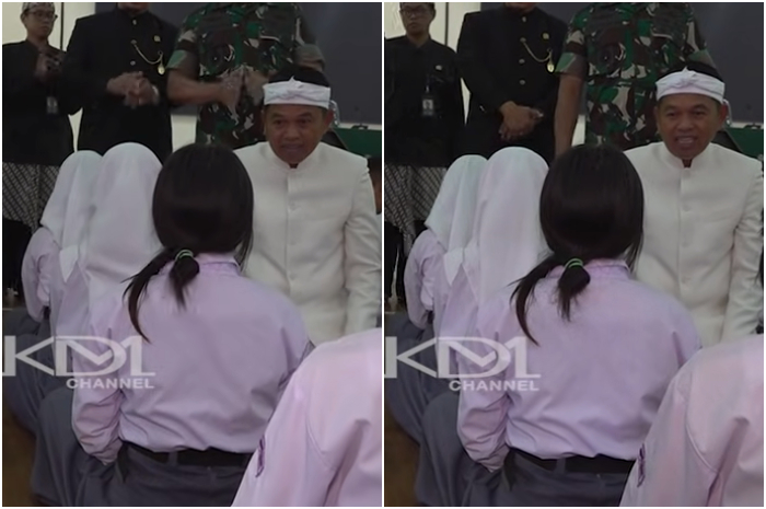 Gubernur Jawa Barat Dedi Mulyadi saat berbincang dengan siswi SMA yang&nbsp;akan mendapat pendidikan di barak militer.