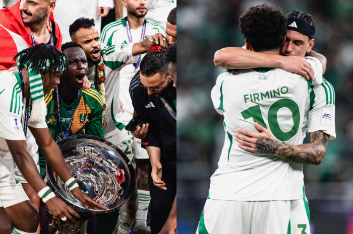 Para pemain Al Ahli Saudi FC merayakan kemenangan.