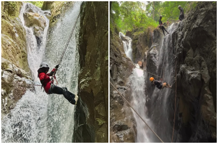 Pengunjung tengah mencoba canyoning di Curuh Ngumpet Desa Bojongkoneng, Kecamatan Babakan Madang, Kabupaten Bogor.