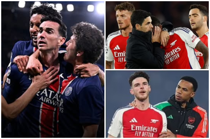 Selebrasi pemain PSG usai menang atas Arsenal. Sementara ekspresi kekecewaan para pemain Arsenal.