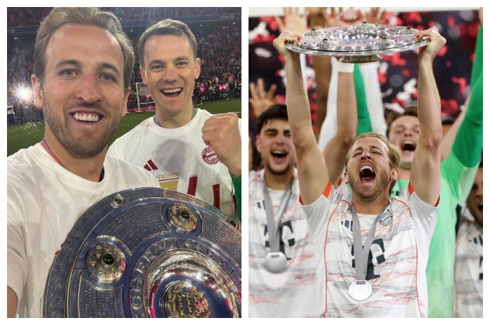 Harry Kane, saat mengangkat trofi Liga Jerman bersama skuad Bayern Munich.