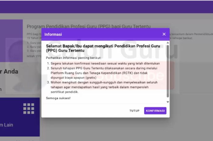 Tampilan website SIMPKB saat terpanggil PPG Guru Tertentu 2025