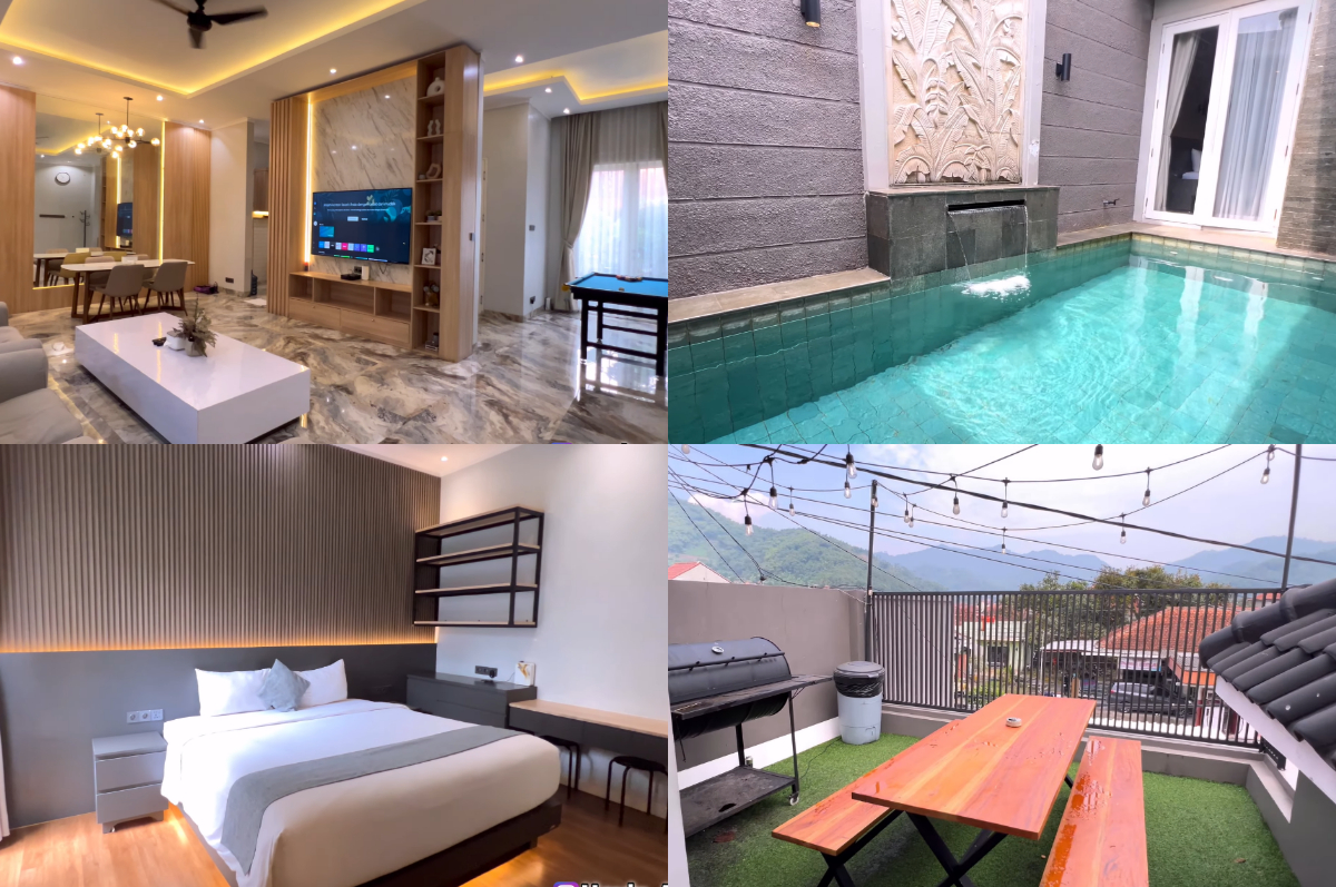 Villa Ravani Bandung, akomodasi modern dengan fasilitas lengkap dan kolam renang pribadi.