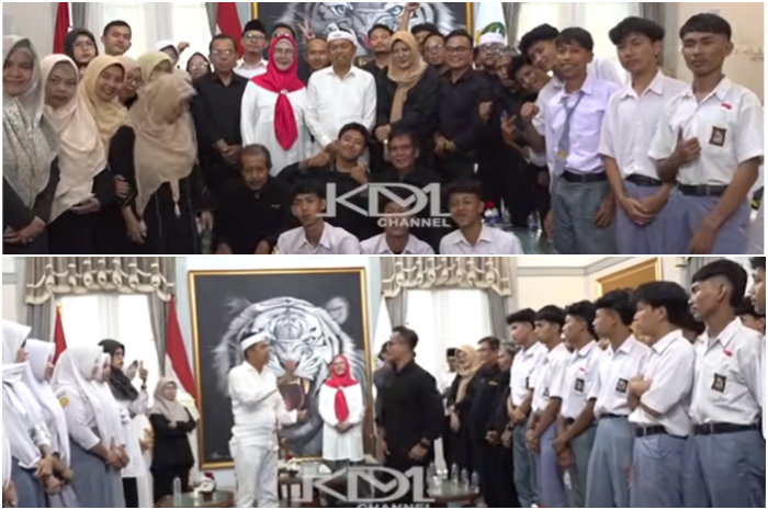 Gubernur Jawa Barat Dedi Mulyadi saat bertemu dengan para pelajar dan guru SMK Al Amin Pamijahan Kabupaten Bogor di Bale Pakuan.