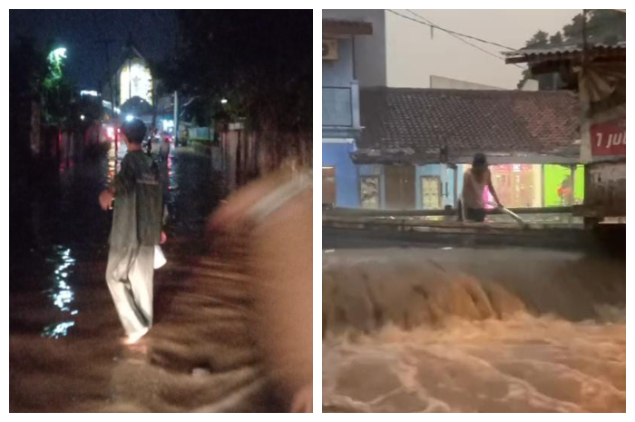Banjir terjadi di Jalan Tumenggung Wiradiredja, Kelurahan Tanah Baru, Kecamatan Bogor Utara, Kota Bogor, Rabu (14/5/2025) malam.