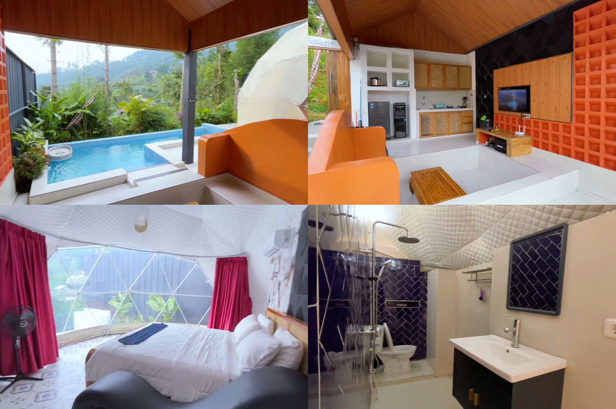 Suasana glamping romantis dengan kolam renang pribadi dan pemandangan bukit asri.