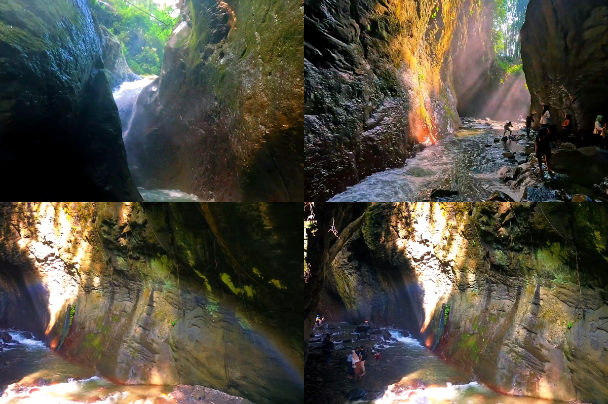 Pelangi alami di Curug Ibun Pelangi, muncul dari pantulan cahaya di antara tebing dan cipratan air terjun.