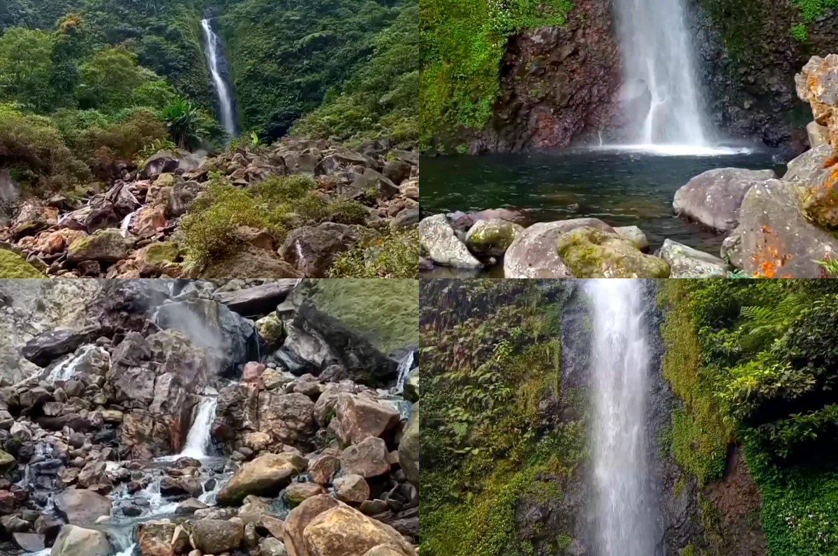 Air terjun Curug Cikawah dengan kolam alami dan uap belerang di sekitarnya.