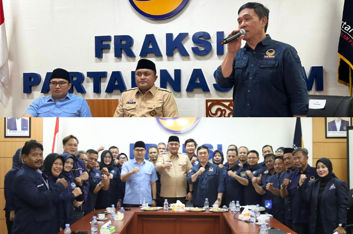 Ketua DPD Partai NasDem Kabupaten Bogor, Friedrich M Rumintjap memberikan sambutan di depan Bupati Bogor, Rudy Susmanto dan Ketua DPRD Kabupaten Bogor, Sastra Winara.