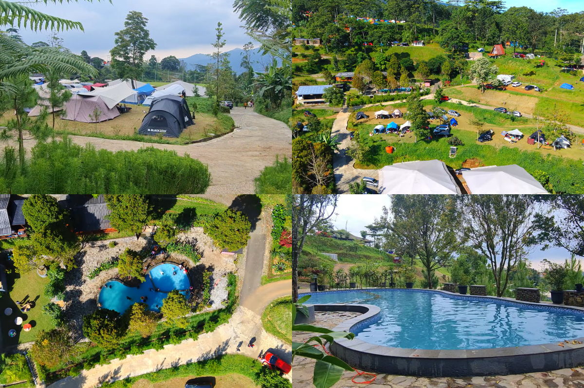 Spot glamping Nuansa Senja dengan latar Gunung Gede Pangrango.