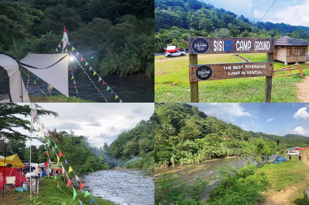 Suasana camping keluarga di tepi sungai dangkal Sisi Cai Camping Ground.
