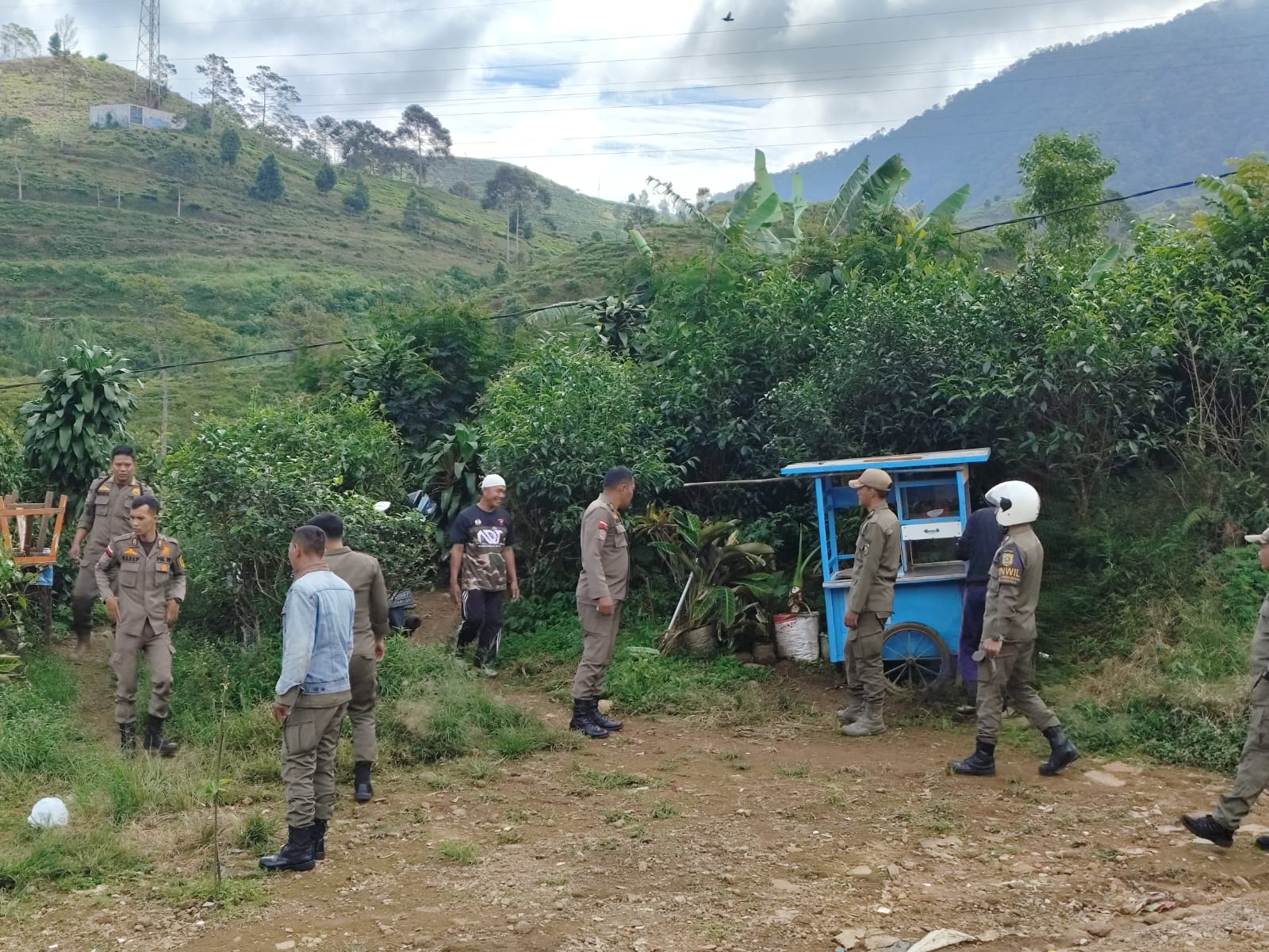 Petugas Satpol PP Kabupaten Bogor, menyingkirkan gerobak PKL yang berjualan di Jalan Raya Puncak.