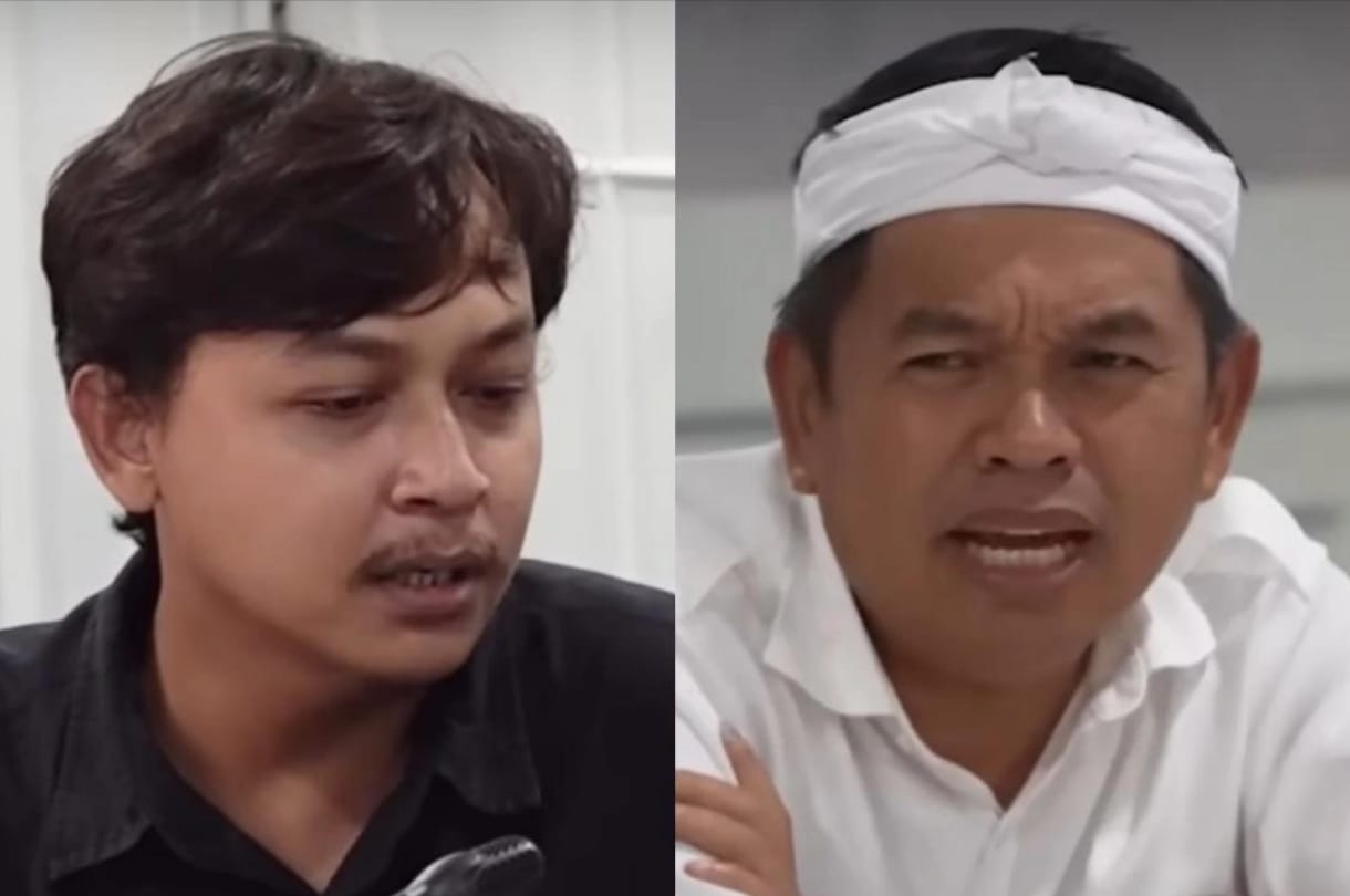 Gubernur Jawa Barat Dedi Mulyadi mendengarkan keluhan Edwin (kiri), warga Karawang yang mengalami kendala pelayanan rumah sakit dan denda BPJS usai bayinya meninggal dunia.&nbsp;