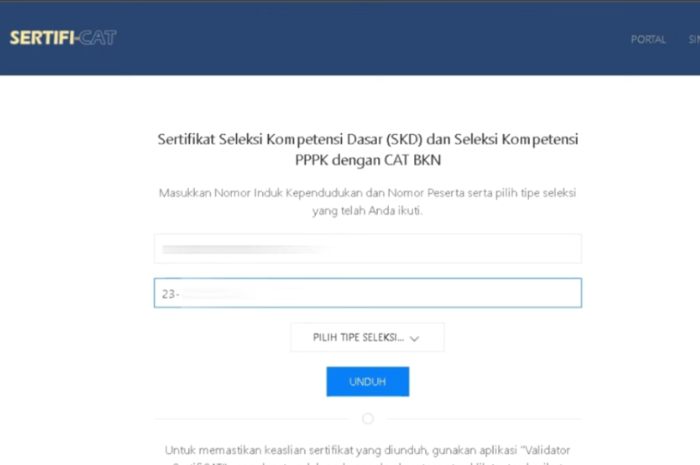 Tampilan awal website sertificat.bkn.go.id untuk sebelum mendownload sertifikat seleksi kompetensi PPPK tahap 2