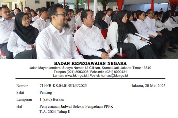 Pelaksanaan seleksi kompetensi PPPK tahap 2 di tilok BKN pusat diikuti 1.300 pelamar Kementerian Kesehatan (atas) Surat edaran BKN Nomor 7199/B-KS.04.01/SD/E/2025 (bawah)