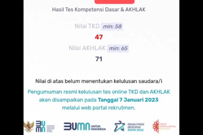 Contoh tampilan nilai tes online tahap 1 BUMN 2023