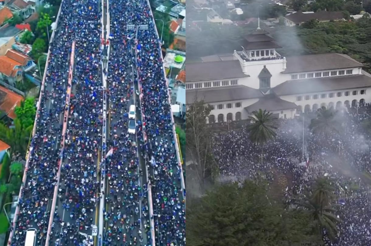 Suasana&nbsp;ribuan Bobotoh memenuhi setiap sudut jalan di rute konvoi menjadikan Kota Bandung seperti lautan biru yang membentang luas.&nbsp;