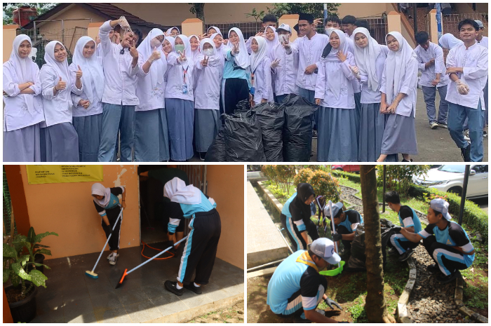 Para siswa SMAN 1 Megamendung saat menggelar aksi bersih-bersih lingkungan sekolah.