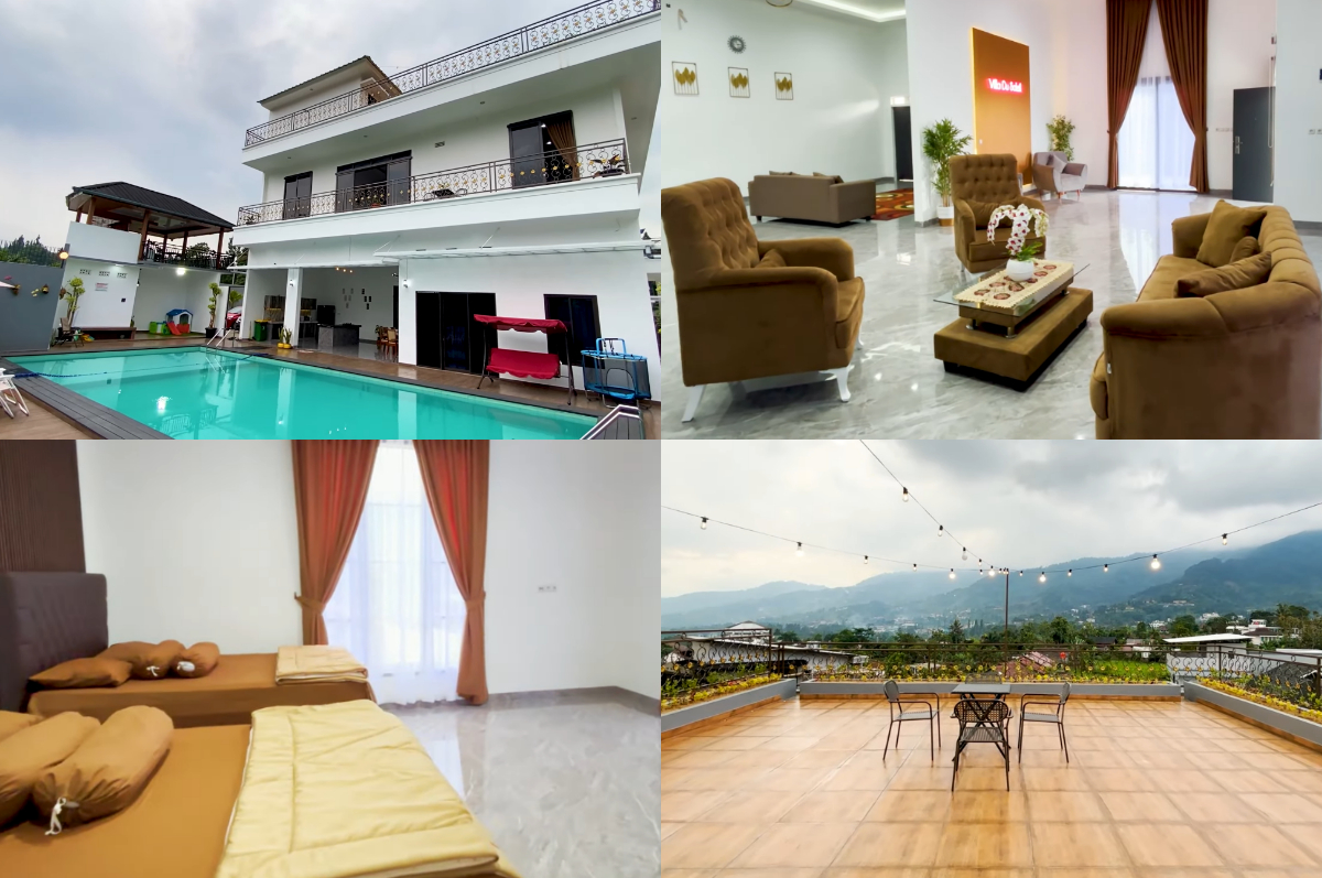 Villa Du Soleil di Puncak dengan kolam renang, balkon luas, dan latar pegunungan hijau yang memukau.