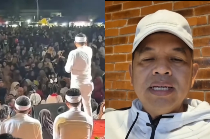 Gubernur Jawa Barat Dedi Mulyadi saat menjelaskan alasannya marah pada sekelompok pemuda yang menyuarakan tentang Persikas di acara Nganjang ka Warga di Kabupaten Subang.