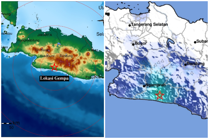 Peta gempa bumi tektonik M4,2 di wilayah Kabupaten Bandung.