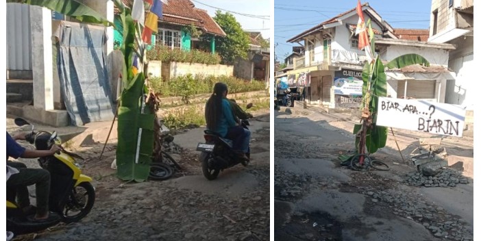 Kondisi Jalan Abdul Fatah Kecamatan Ciampea Kabupaten Bogor yang berlubang hingga ditanami Pohon Pisang