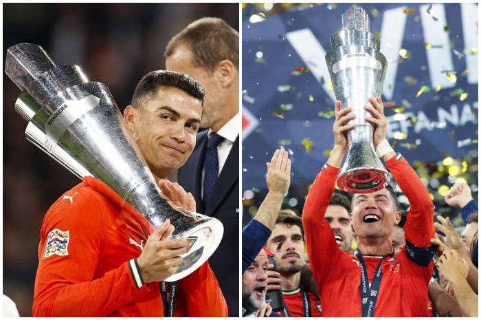 Cristiano Ronaldo ketika mengangkat trofi UEFA Nations League 2025.