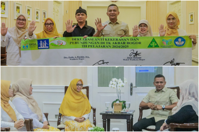 Wakil Wali Kota Bogor Jenal Mutaqin, menandatangani deklarasi Sekolah Ramah Anak bersama perwakilan TK Akbar di Balai Kota Bogor.