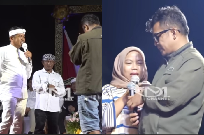 Gubernur Jawa Barat Dedi Mulyadi saat berbincang dengan pasangan suami istri di Puwakarta.