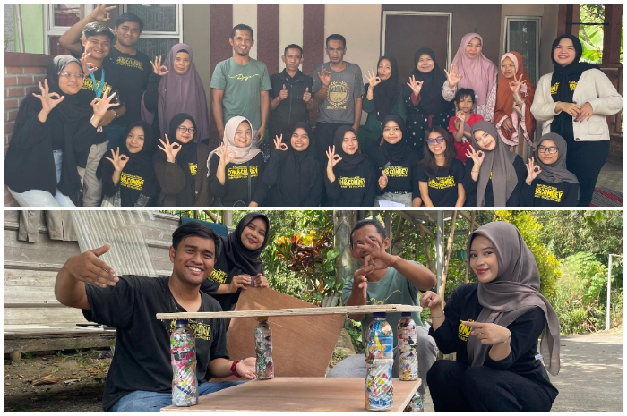 Tim Dospulkam bersama&nbsp;mahasiswa Tim Mata Kuliah EC7 Program Studi S1 KPM IPB University saat memperkenalkan&nbsp;teknologi eco-brick untuk mengurangi sampah plastik.