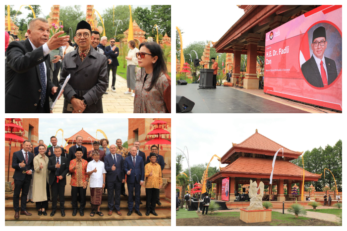Menbud Fadli Zon, saat pembukaan Bali Indah Cultural Park atau miniatur taman budaya Bali di kawasan wisata Dolina Charlotty, Kota Słupsk, Polandia, Senin (16/6/2025).