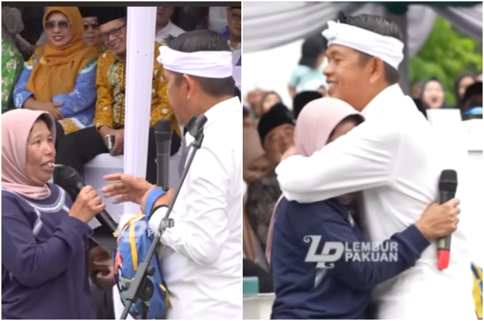 Gubernur Jawa Barat Dedi Mulyadi berbincang dengan Mak Iin saat hadir dalam acara di Bandung.