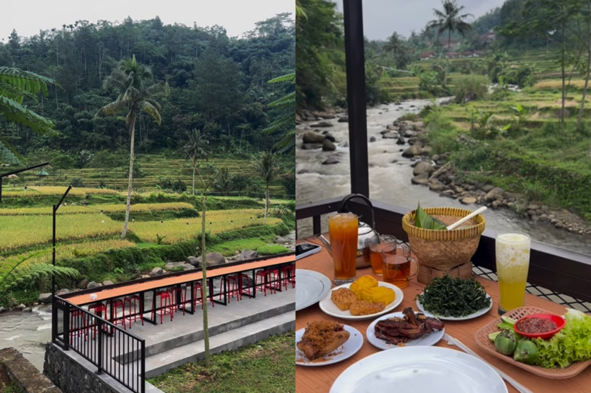Makan pinggir sungai dengan view sawah di RM Tepi Sungai Tasikmalaya.