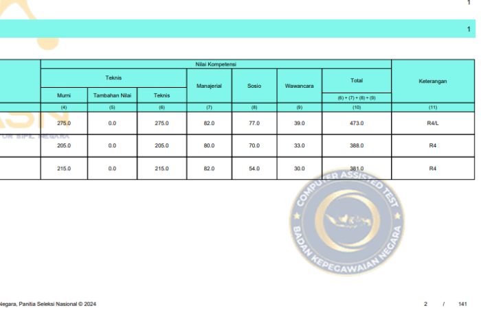 Contoh hasil seleksi kompetensi PPPK teknis 2024