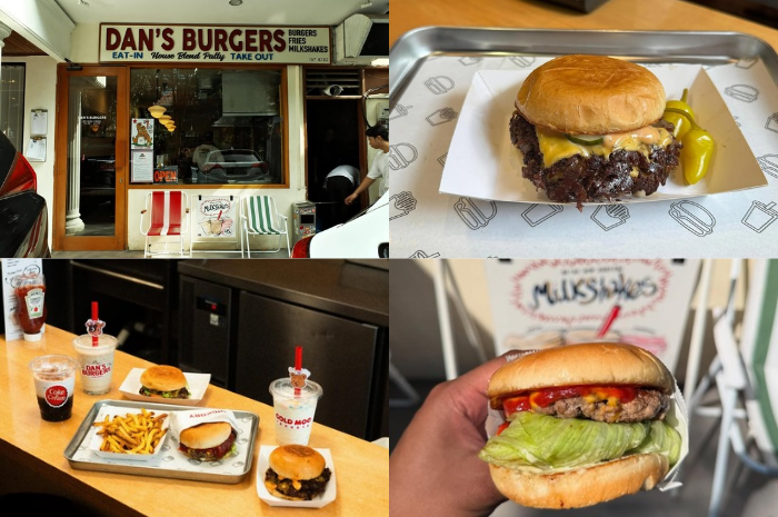 Burger smashed klasik berlapis keju meleleh, bawang bakar, dan acar di Dans Burgers