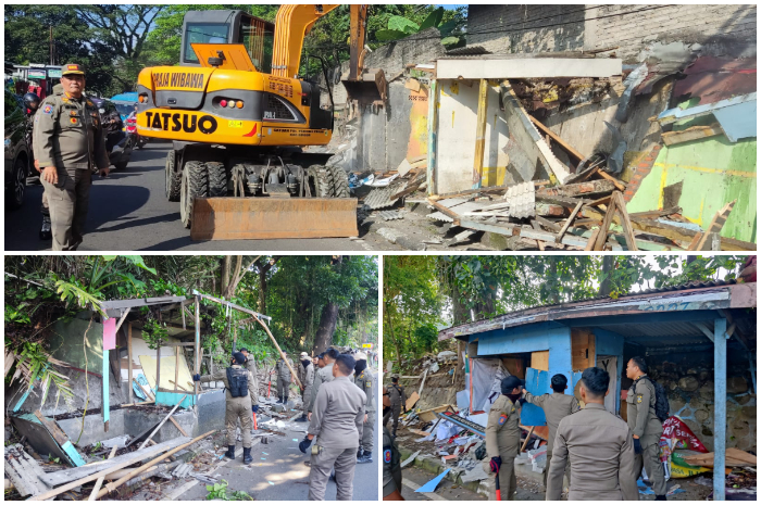 Satpol PP Kabupaten Bogor bersama petugas gabungan menertibkan ratusan bangunan dan lapak PKL di wilayah Ciawi Senin 30 Juni 2025