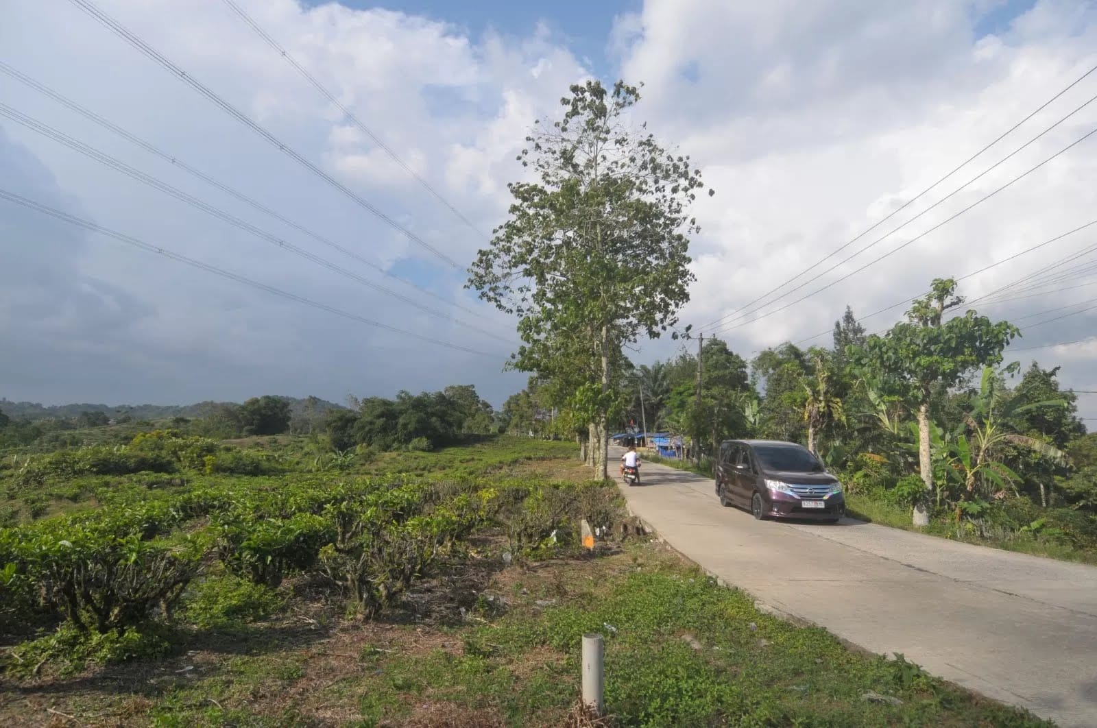 Kendaraan yang melintas di Jalan Malasari, Kecamatan Nanggung, Kabupaten Bogor yang saat ini tengah dilakukan pengaspalan.