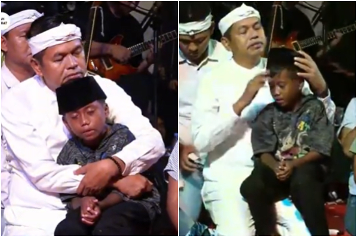 Gubernur Jawa Barat Dedi Mulyadi bersama seorang anak saat hadir dalam acara Nganjang Ka Warga di Kota Depok, Sabtu, 6 Juli 2025.