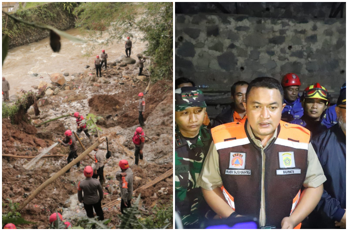 Petugas masih mencari warga yang terbawa arus di Kampung Ciletuh, Megamendung. Kabupaten Bogor. Sementara Bupati Rudy Susmanto saat memberikan keterangan.